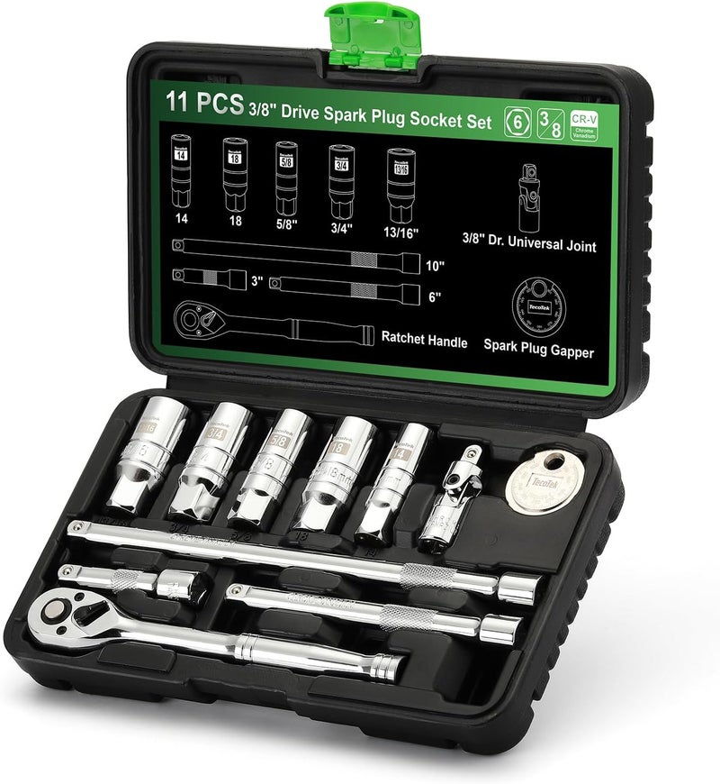 TecoTek 11-Piece Spark Plug Socket Set with 3/8" Drive Ratchet Handle, Spark Plug Gapper, Universal Joint and Extension Bar, 5/8", 3/4", 13/16", 14mm, 18mm, CR-V Sockets with Rubber Retaining Rings - Image 1